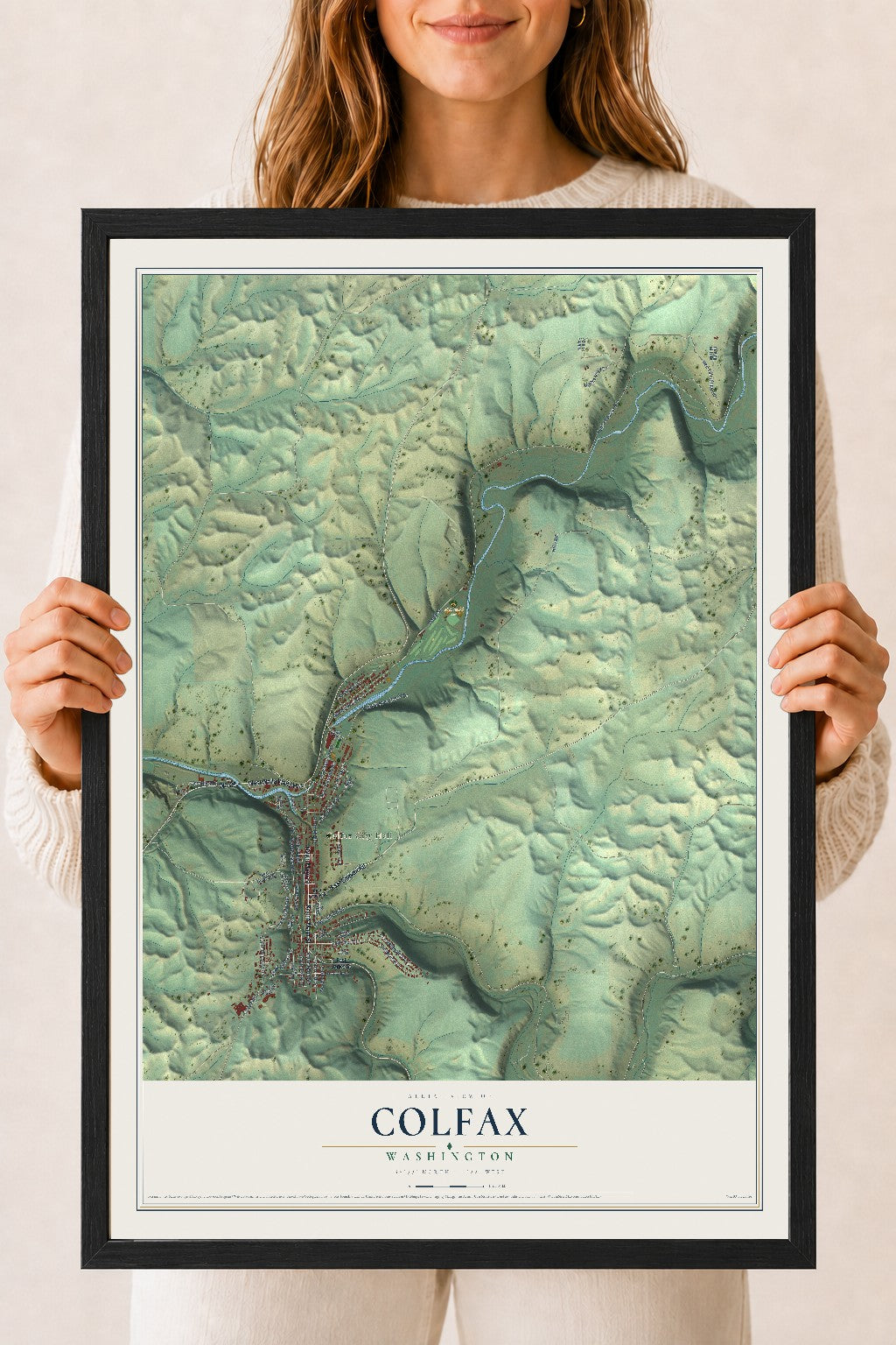 Map of Colfax, Washington, 18 x 24 inch print in a black wood frame