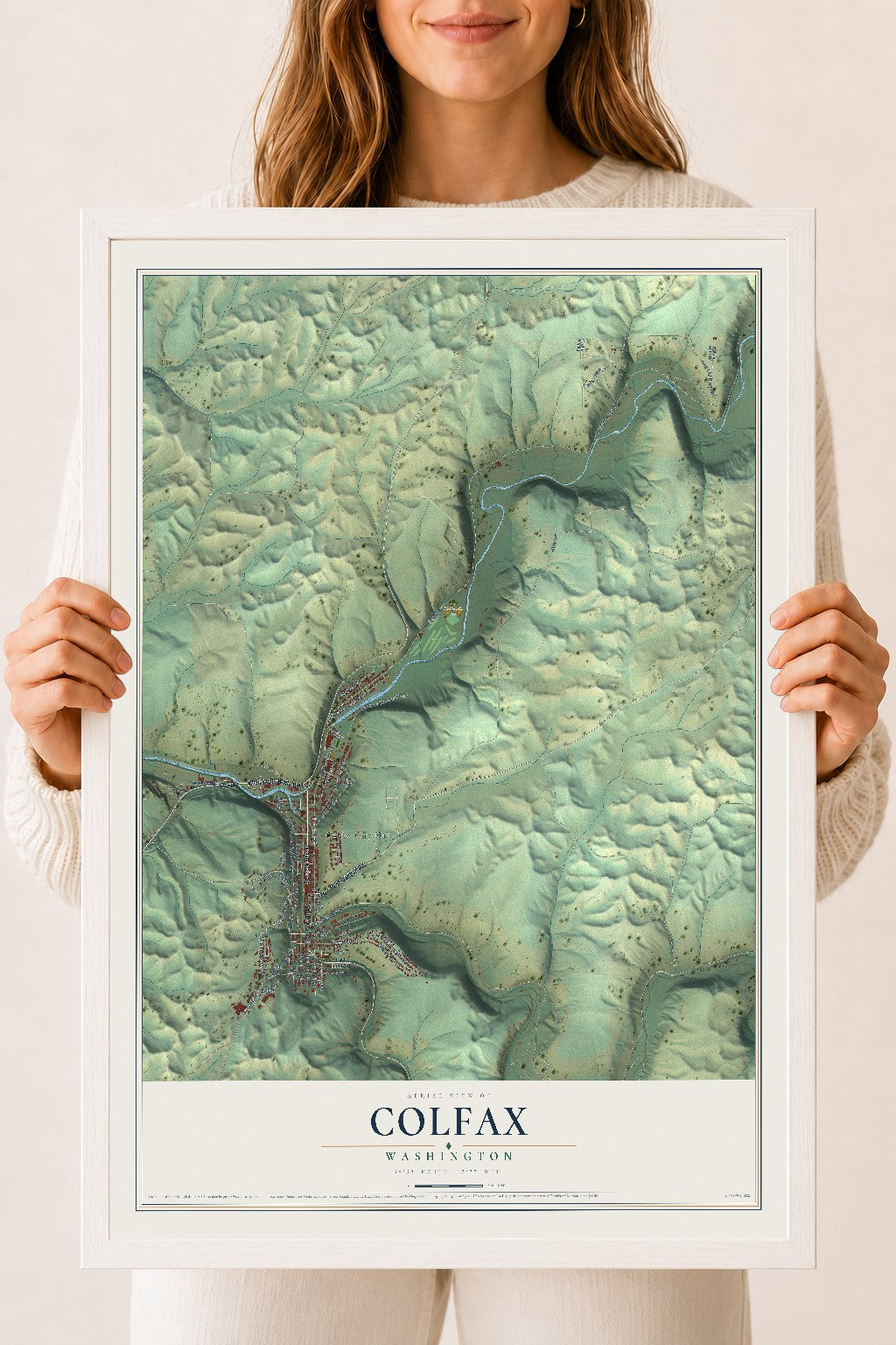 Map of Colfax, Washington, 18 x 24 inch print in a white wood frame