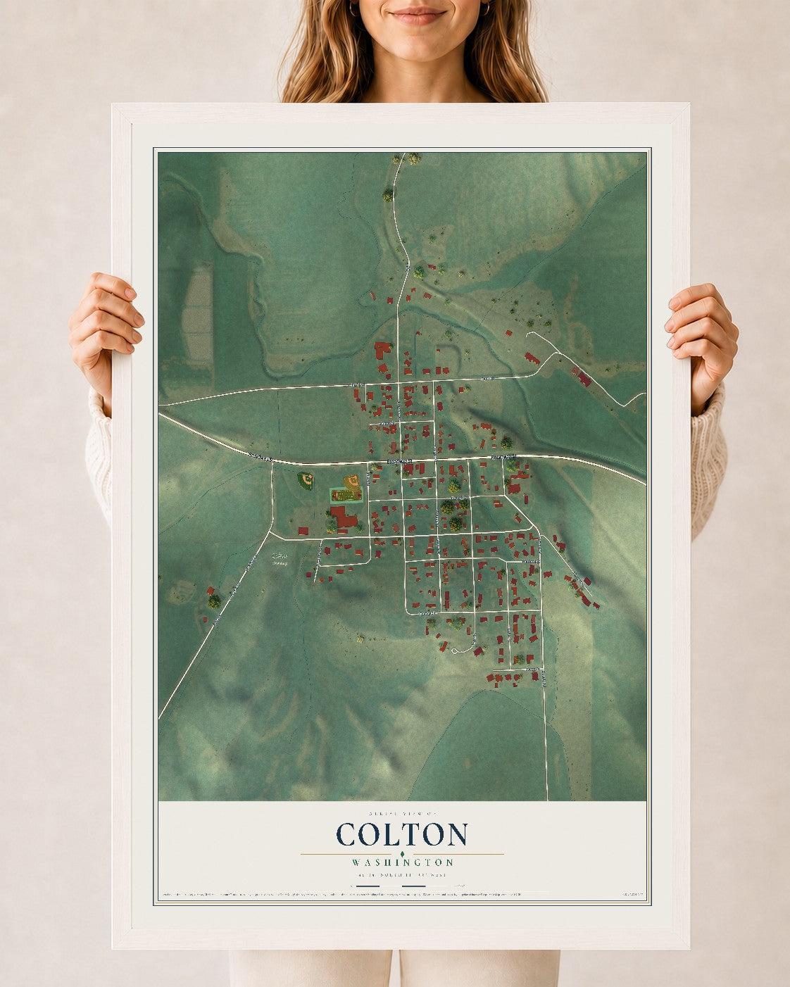 Map of Colton, Washington, 24 x 36 inch print in a white wood frame