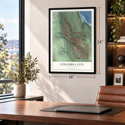 Columbia City, Washington map, 18 x 24 inch print in a black frame in a home office