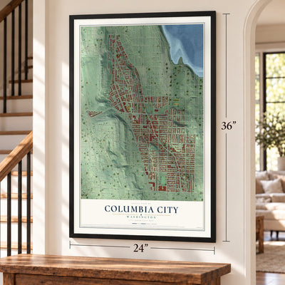 Columbia City, Washington map, 24 x 36 inch print in a black frame by a staircase