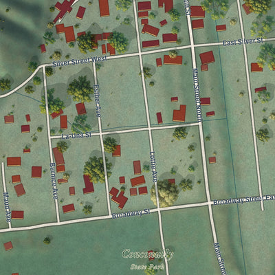 Close-up of the map of Conconully, Washington print showing street and building detail