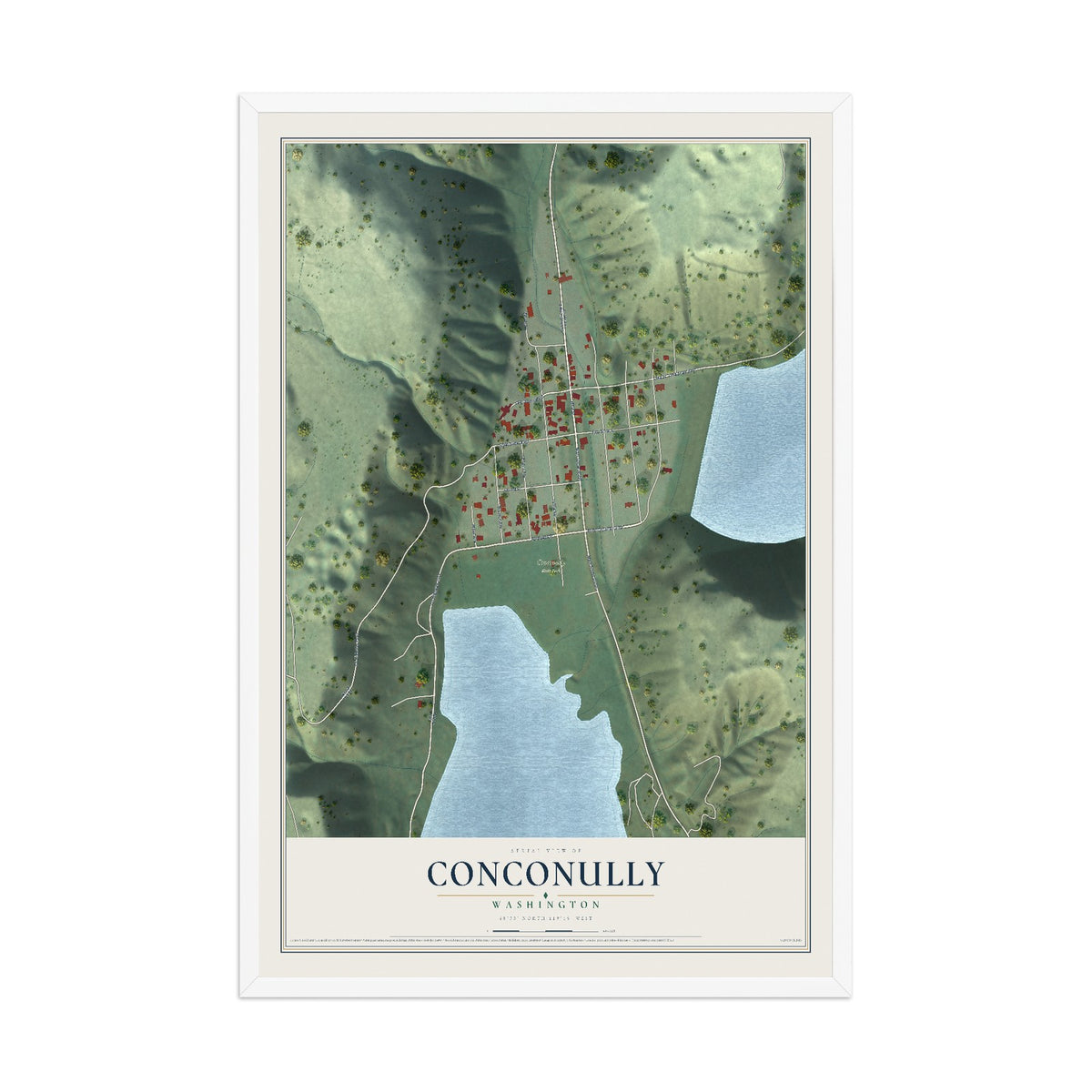 Map of Conconully, Washington, 12 x 18 inch print in a white wood frame