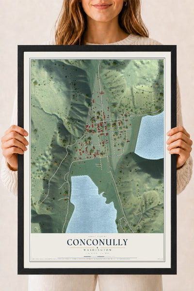 Map of Conconully, Washington, 18 x 24 inch print in a black wood frame