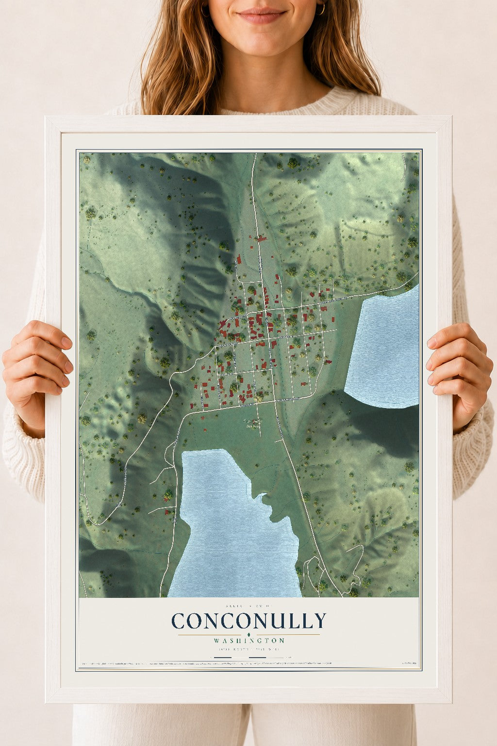 Map of Conconully, Washington, 18 x 24 inch print in a white wood frame