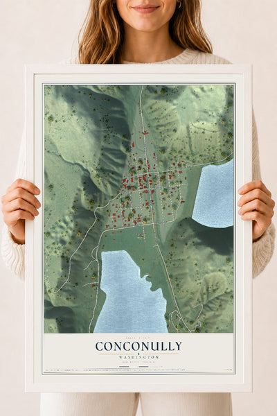 Map of Conconully, Washington, 18 x 24 inch print in a white wood frame