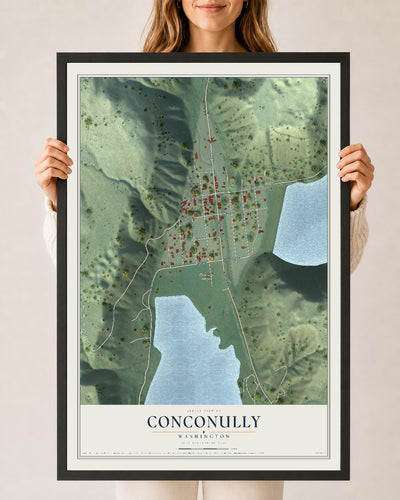 Map of Conconully, Washington, 24 x 36 inch print in a black wood frame