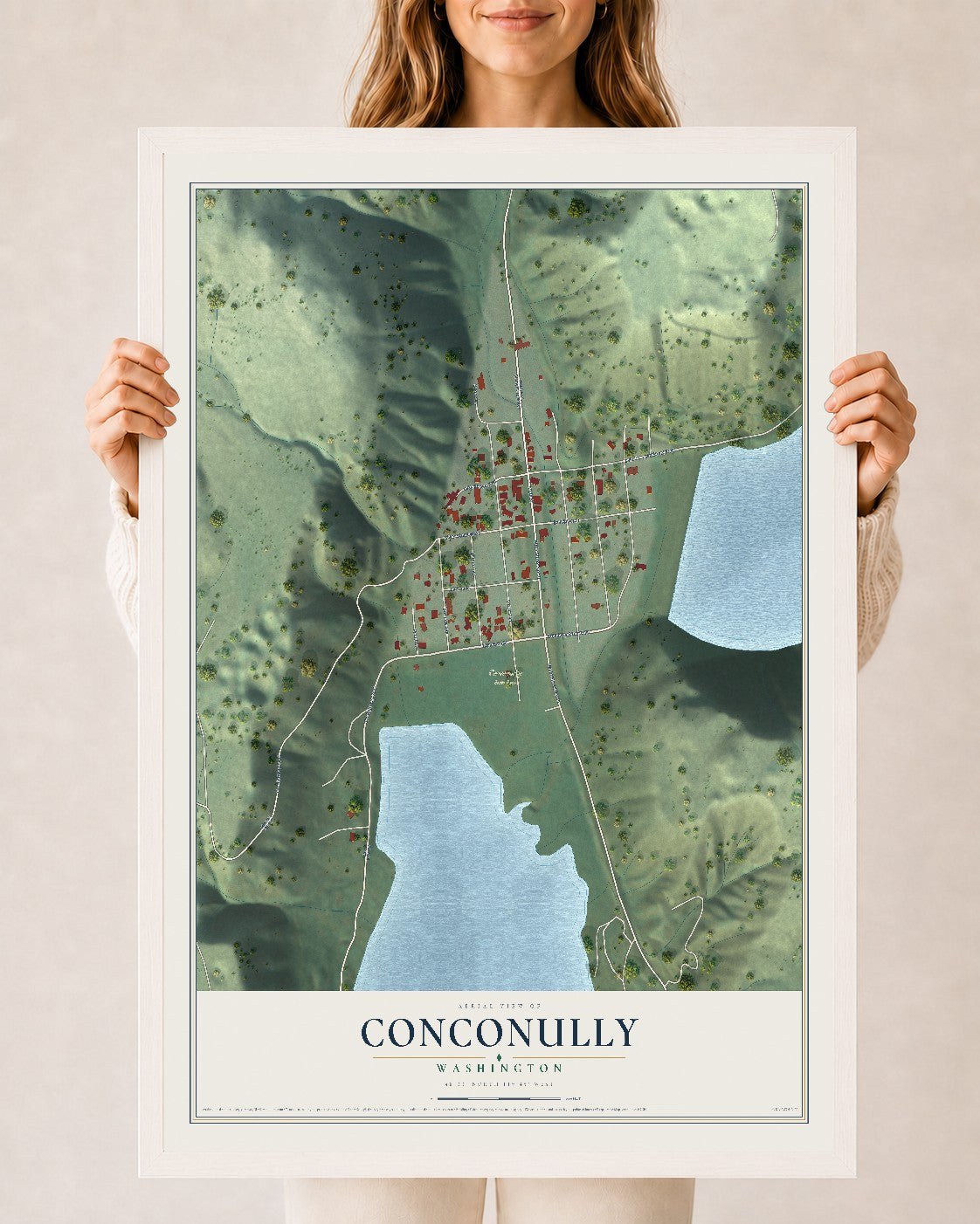 Map of Conconully, Washington, 24 x 36 inch print in a white wood frame