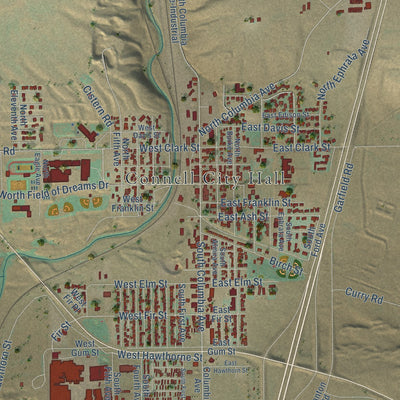 Close-up of the map of Connell, Washington print showing street and building detail