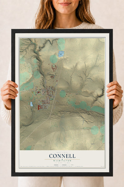 Map of Connell, Washington, 18 x 24 inch print in a black wood frame