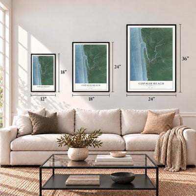 Copalis Beach, Washington map in 12 x 18, 18 x 24 and 24 x 36 inch sizes above a sofa