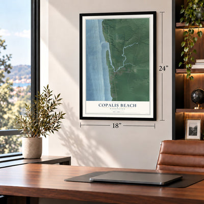 Copalis Beach, Washington map, 18 x 24 inch print in a black frame in a home office
