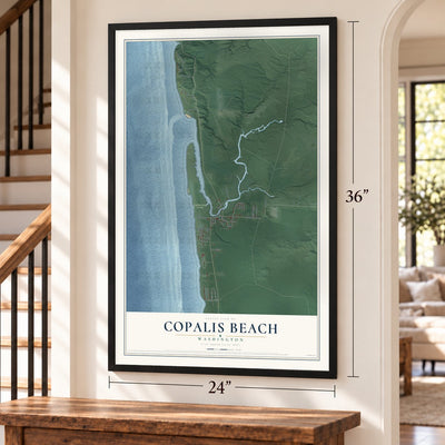 Copalis Beach, Washington map, 24 x 36 inch print in a black frame by a staircase