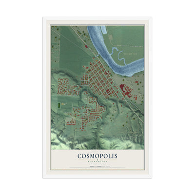 Map of Cosmopolis, Washington, 12 x 18 inch print in a white wood frame