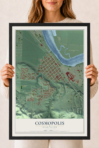 Map of Cosmopolis, Washington, 18 x 24 inch print in a black wood frame
