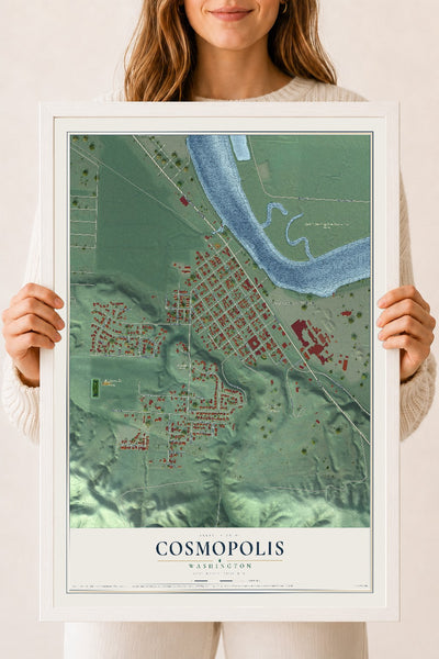 Map of Cosmopolis, Washington, 18 x 24 inch print in a white wood frame
