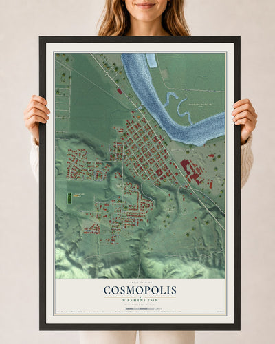 Map of Cosmopolis, Washington, 24 x 36 inch print in a black wood frame
