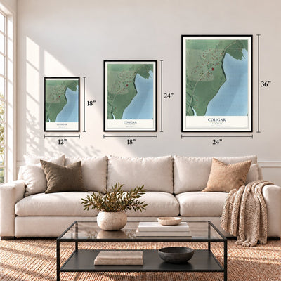 Cougar, Washington map in 12 x 18, 18 x 24 and 24 x 36 inch sizes above a sofa