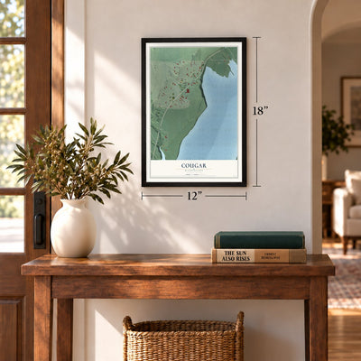 Cougar, Washington map, 12 x 18 inch print in a black frame in an entryway
