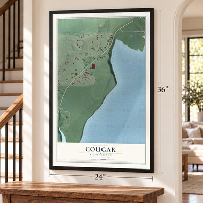 Cougar, Washington map, 24 x 36 inch print in a black frame by a staircase