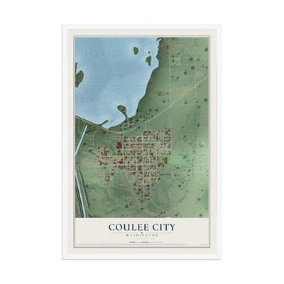 Map of Coulee City, Washington, 12 x 18 inch print in a white wood frame