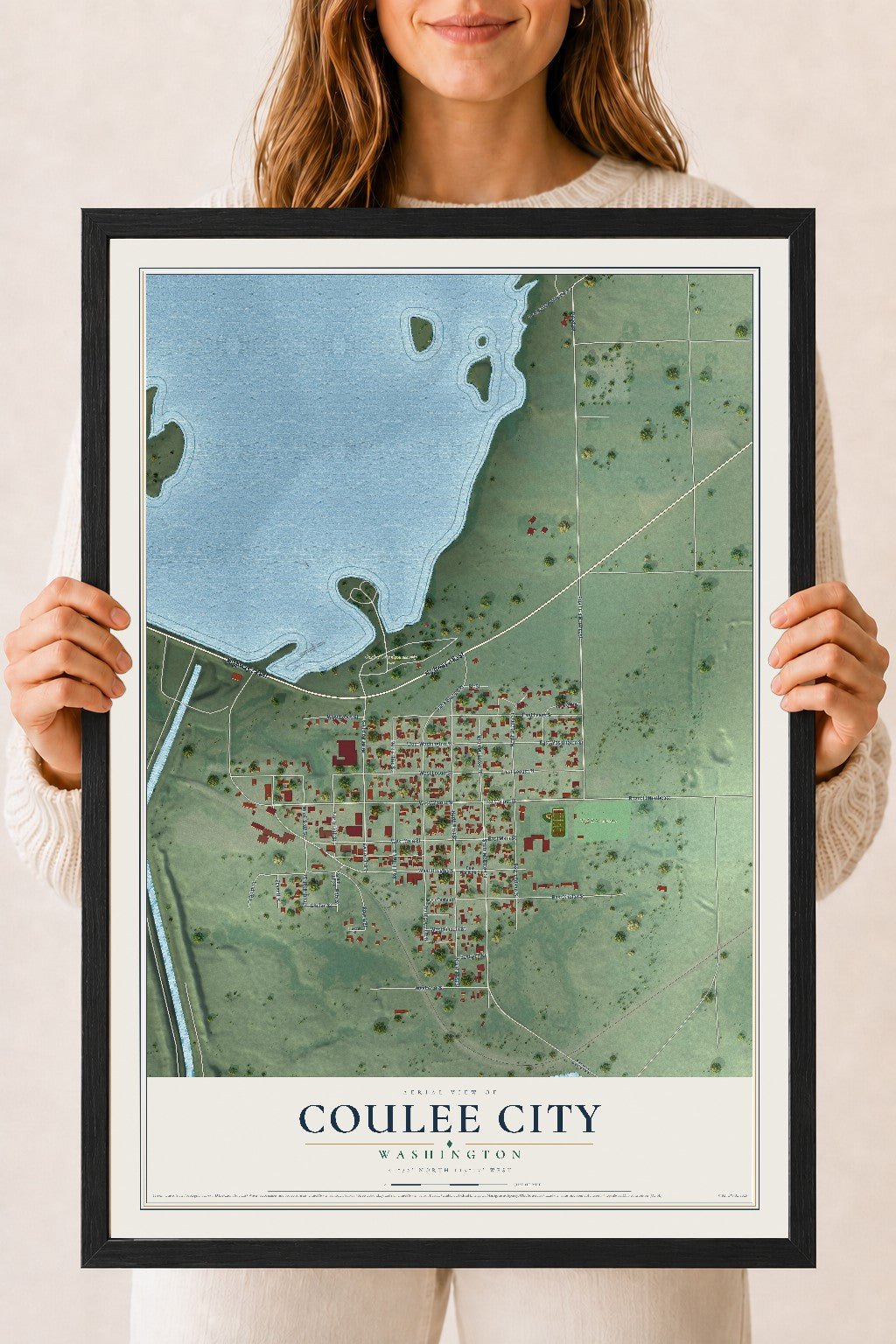 Map of Coulee City, Washington, 18 x 24 inch print in a black wood frame