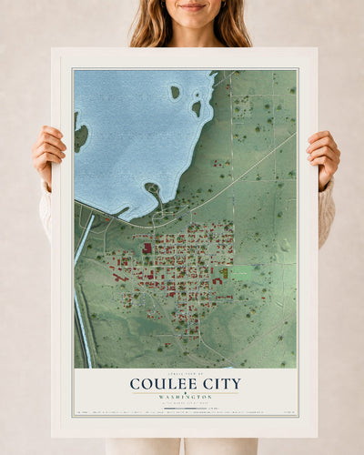 Map of Coulee City, Washington, 24 x 36 inch print in a white wood frame