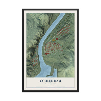 Map of Coulee Dam, Washington, 12 x 18 inch print in a black wood frame