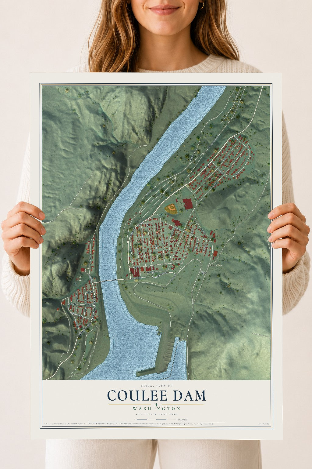 Map of Coulee Dam, Washington, 18 x 24 inch unframed archival matte print