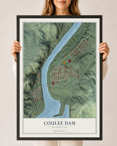 Map of Coulee Dam, Washington, 24 x 36 inch print in a black wood frame