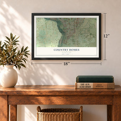 Country Homes, Washington map, 12 x 18 inch print in a black frame in an entryway