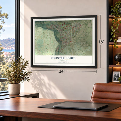 Country Homes, Washington map, 18 x 24 inch print in a black frame in a home office