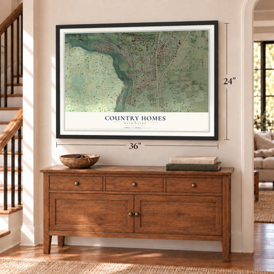 Country Homes, Washington map, 24 x 36 inch print in a black frame above a dresser by a staircase