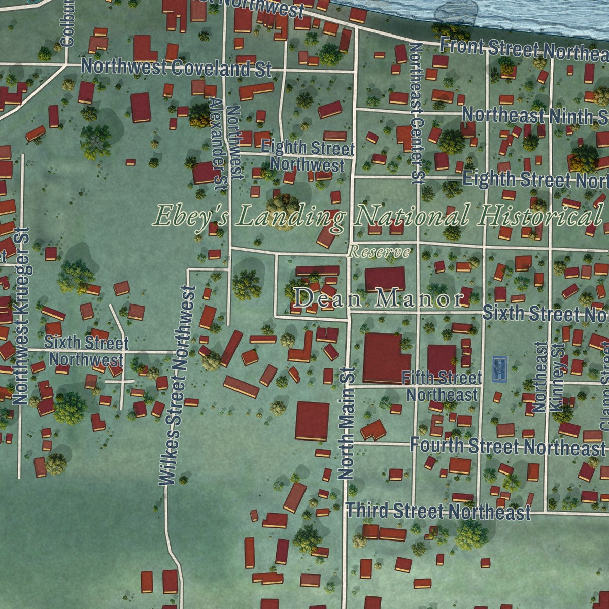 Close-up of the map of Coupeville, Washington print showing street and building detail