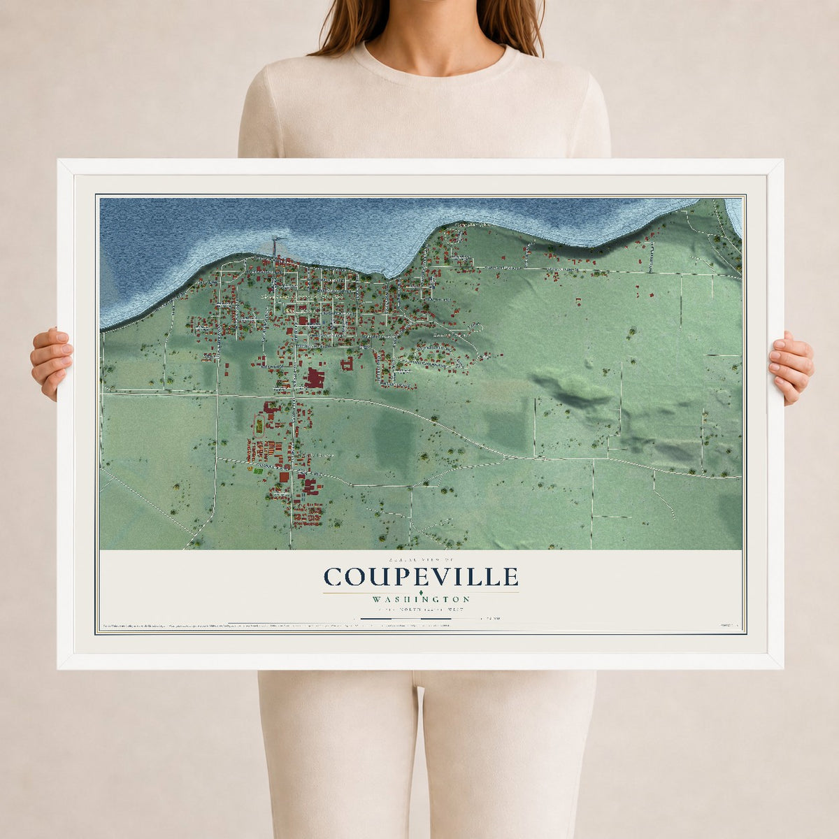 Map of Coupeville, Washington, 24 x 36 inch print in a white wood frame