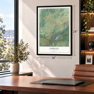 Cowlitz, Washington map, 18 x 24 inch print in a black frame in a home office