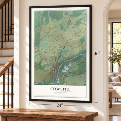Cowlitz, Washington map, 24 x 36 inch print in a black frame by a staircase