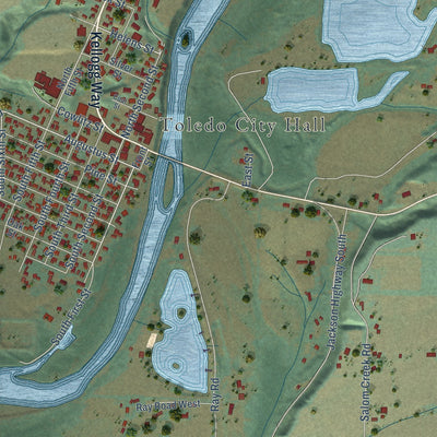 Close-up of the map of Cowlitz, Washington print showing street and building detail