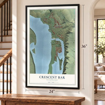 Crescent Bar, Washington map, 24 x 36 inch print in a black frame by a staircase