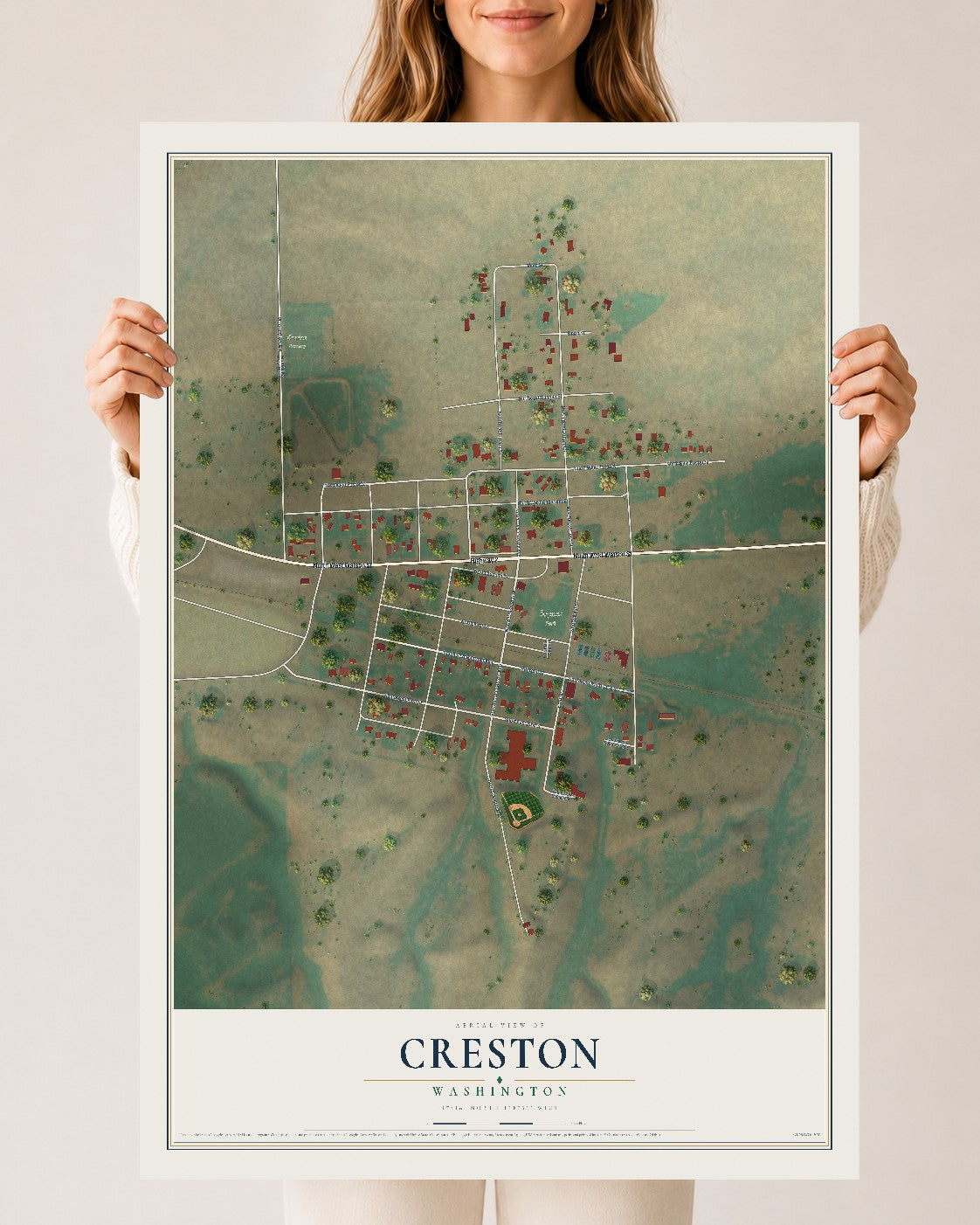 Map of Creston, Washington, 24 x 36 inch unframed archival matte print