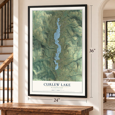 Curlew Lake, Washington map, 24 x 36 inch print in a black frame by a staircase
