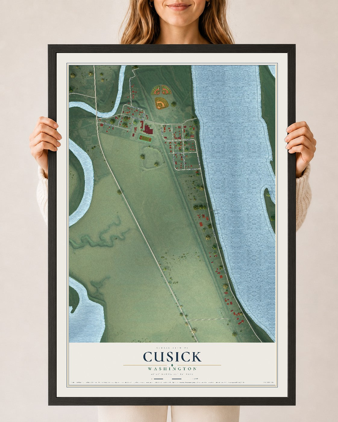 Map of Cusick, Washington, 24 x 36 inch print in a black wood frame