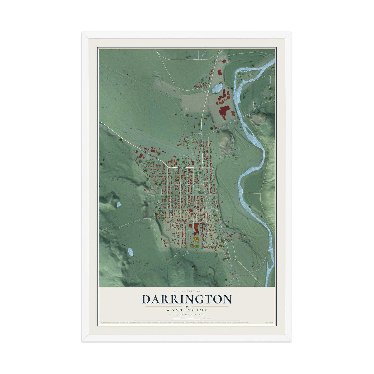 Map of Darrington, Washington, 12 x 18 inch print in a white wood frame