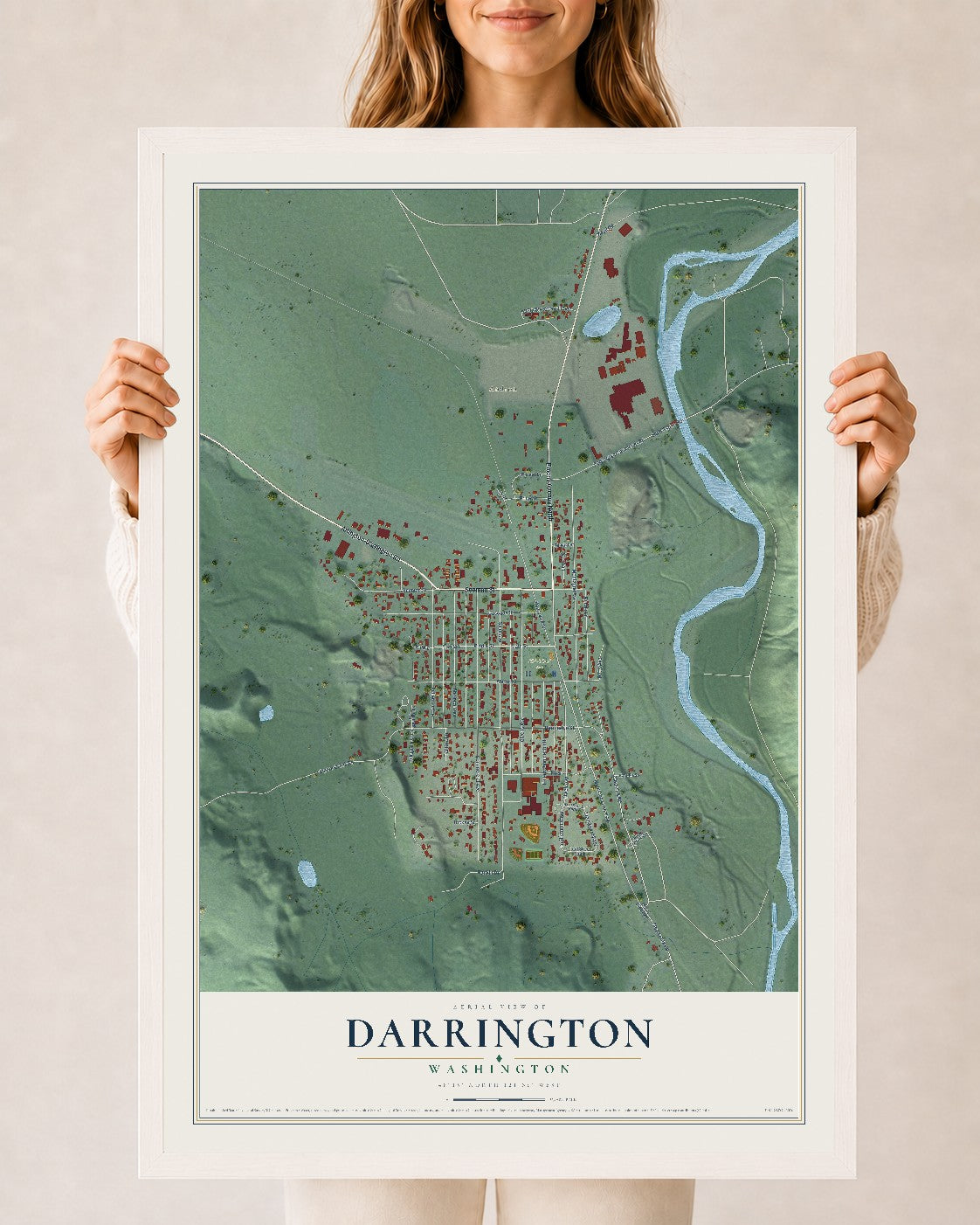Map of Darrington, Washington, 24 x 36 inch print in a white wood frame