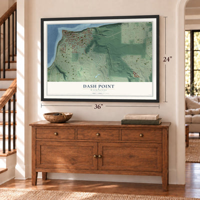 Dash Point, Washington map, 24 x 36 inch print in a black frame above a dresser by a staircase