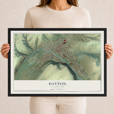 Map of Dayton, Washington, 12 x 18 inch print in a black wood frame