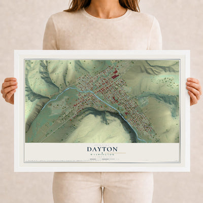 Map of Dayton, Washington, 12 x 18 inch print in a white wood frame