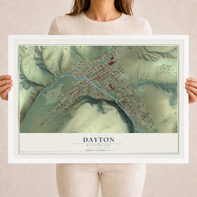 Map of Dayton, Washington, 18 x 24 inch print in a white wood frame