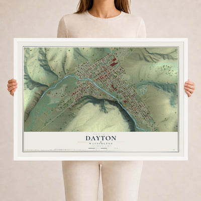 Map of Dayton, Washington, 24 x 36 inch print in a white wood frame