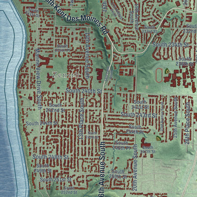 Close-up of the map of Des Moines, Washington print showing street and building detail